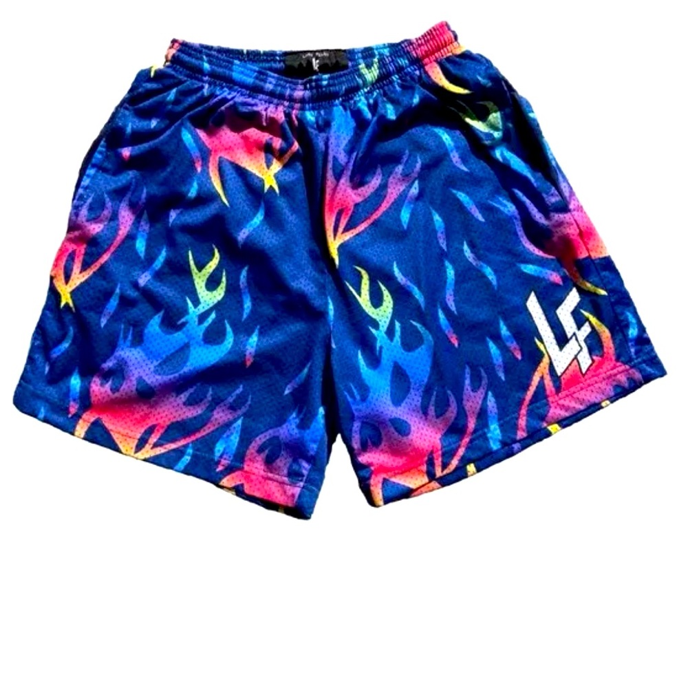 Lost Files men’s shorts, blue with flame print, size medium